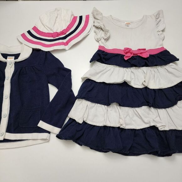 Girls Gymboree Navy, Pink, & White Cotton Dress Cardigan Hat Outfit Set 4t - Picture 2 of 16
